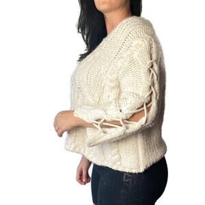 Zara Ecru Cable Knit Lace Up Sleeve Sweater Size Small